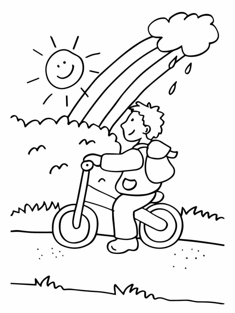 Desenho para desenhar de um menino andando de bicicleta sob o sol, uma nuvem e um arco-íris.