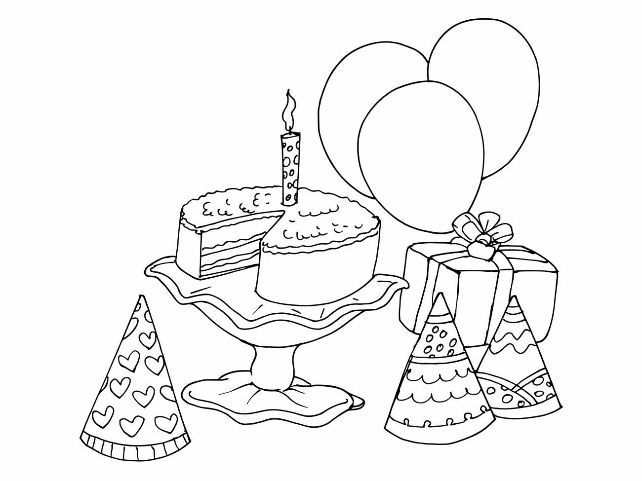 Desenho para desenhar de um bolo de aniversário com uma vela, rodeado por balões e presentes.