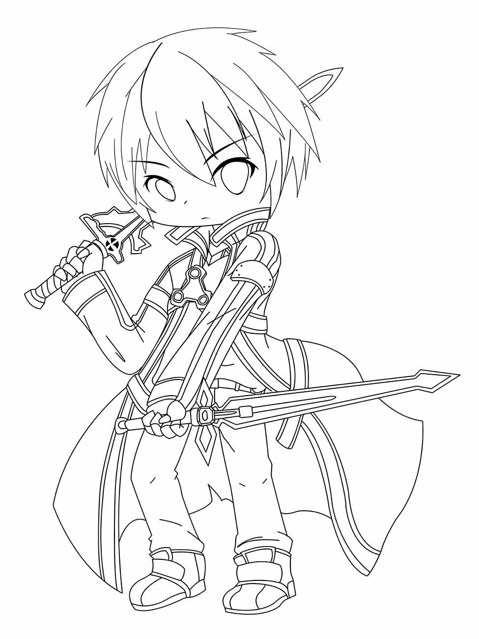 Desenho para desenhar do personagem Kirito em estilo chibi de "Sword Art Online".