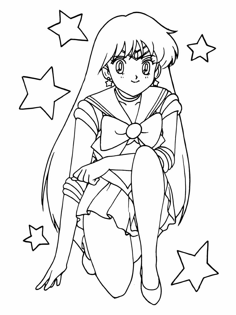 Desenho para desenhar de Sailor Mars da série "Sailor Moon" sentada com estrelas ao redor.