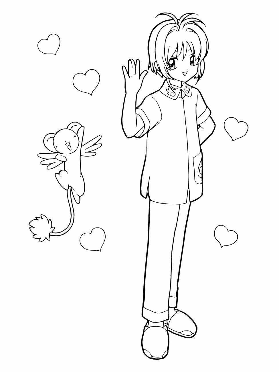 Desenho para desenhar de Sakura Kinomoto da série "Cardcaptor Sakura" com um mascote voador e corações ao redor.