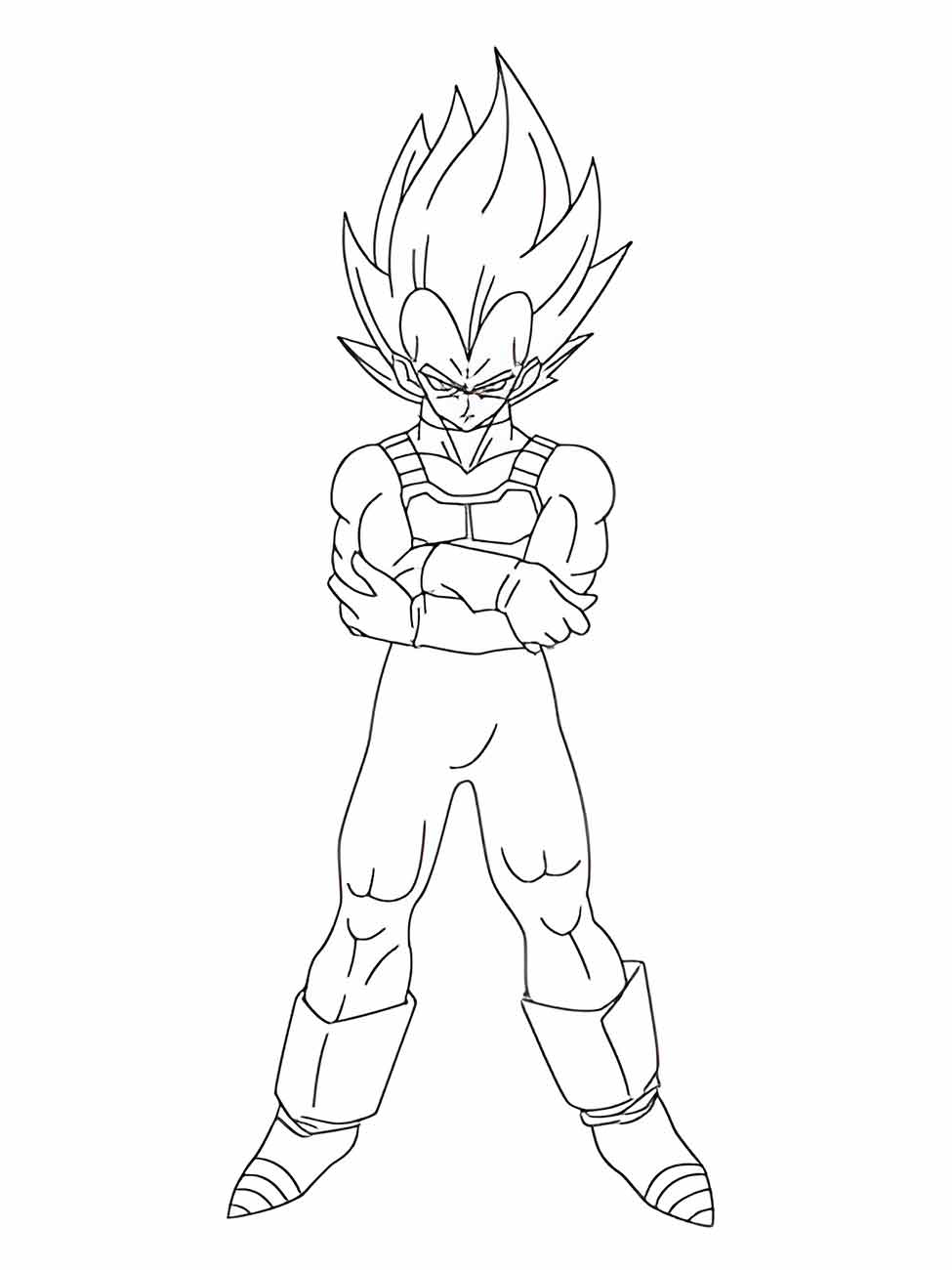 Desenho para desenhar de Vegeta da série "Dragon Ball Z" com braços cruzados e em forma Super Saiyan.