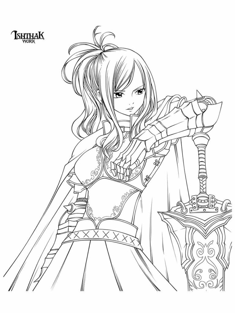 Desenho para desenhar de uma guerreira feminina com armadura e espada, estilo de personagem de anime.