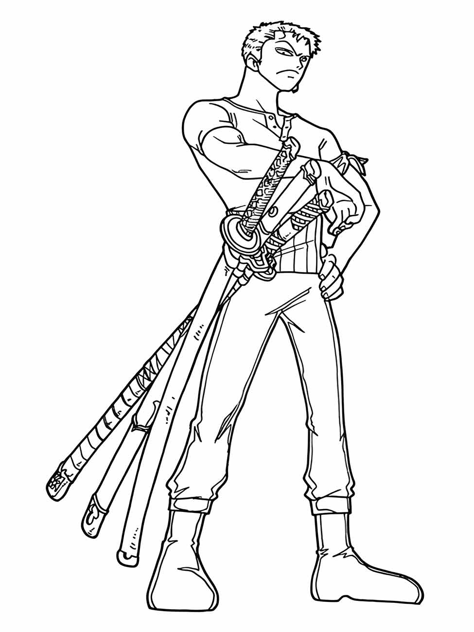 Desenho para desenhar de Roronoa Zoro da série "One Piece" com camisa aberta e suas três espadas.