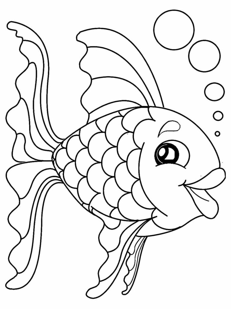 Desenho de um peixe com escamas e barbatanas detalhadas para desenhar e colorir com lápis de cor.