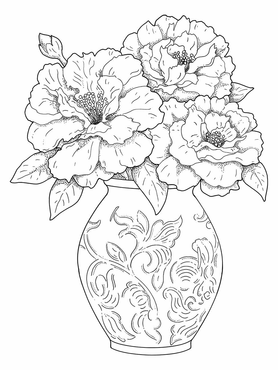 Desenho para desenhar de peônias exuberantes em um vaso com ornamentos florais.