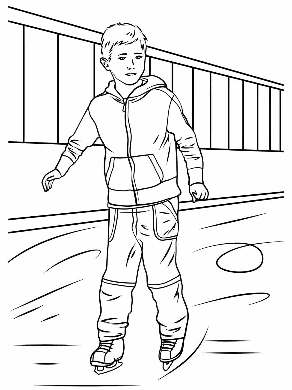 Desenho para desenhar de um menino patinando no gelo, vestindo um casaco com capuz e calças.