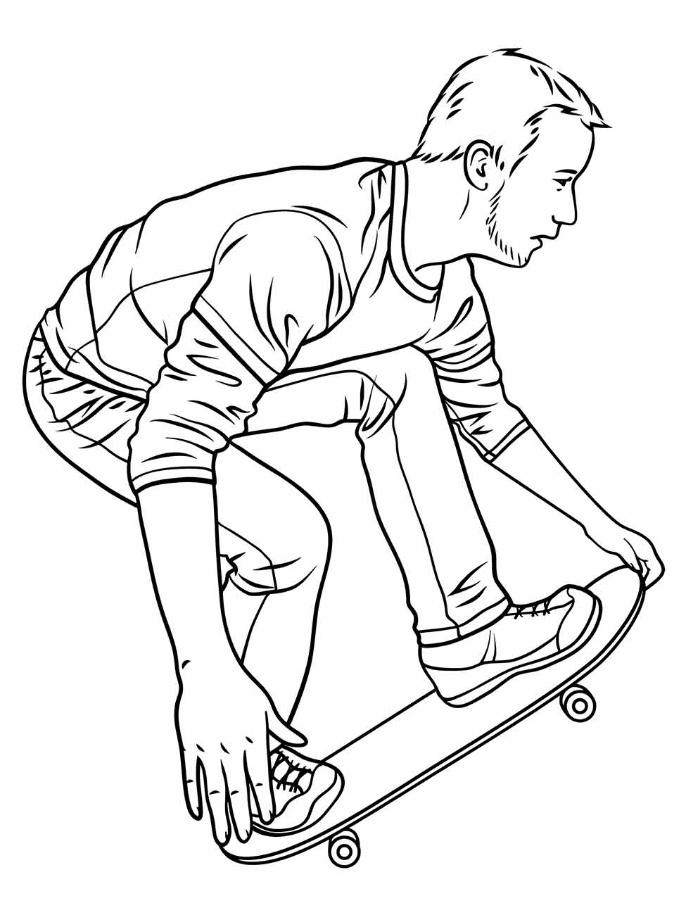 Desenho para desenhar de um menino patinando no gelo, vestindo um casaco com capuz e calças. Desenho para desenhar de um homem fazendo uma manobra em um skate, concentrado e agachado.