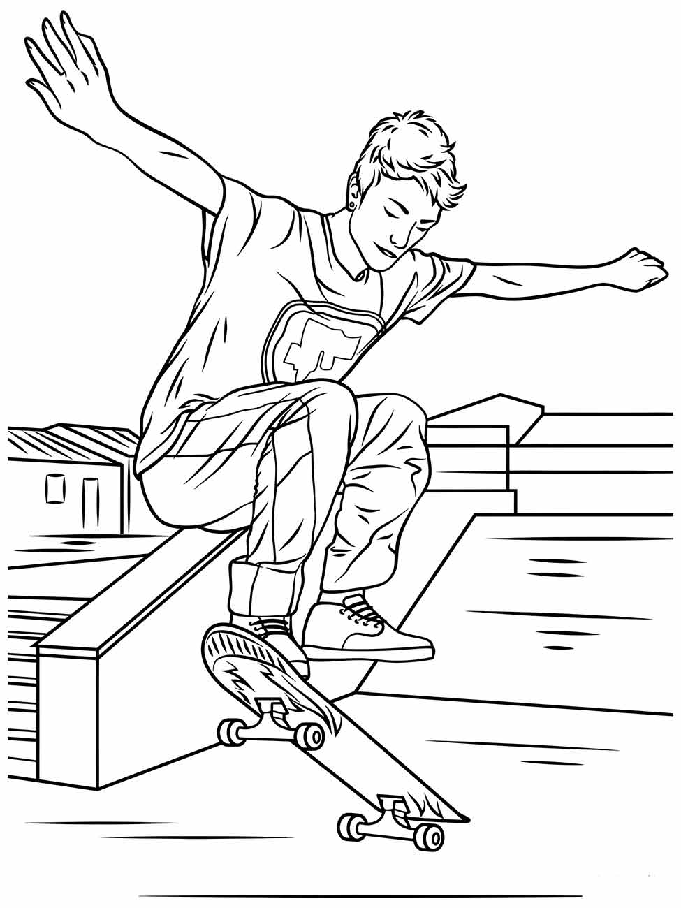 Desenho para desenhar de um jovem fazendo uma manobra de skate em degraus urbanos.