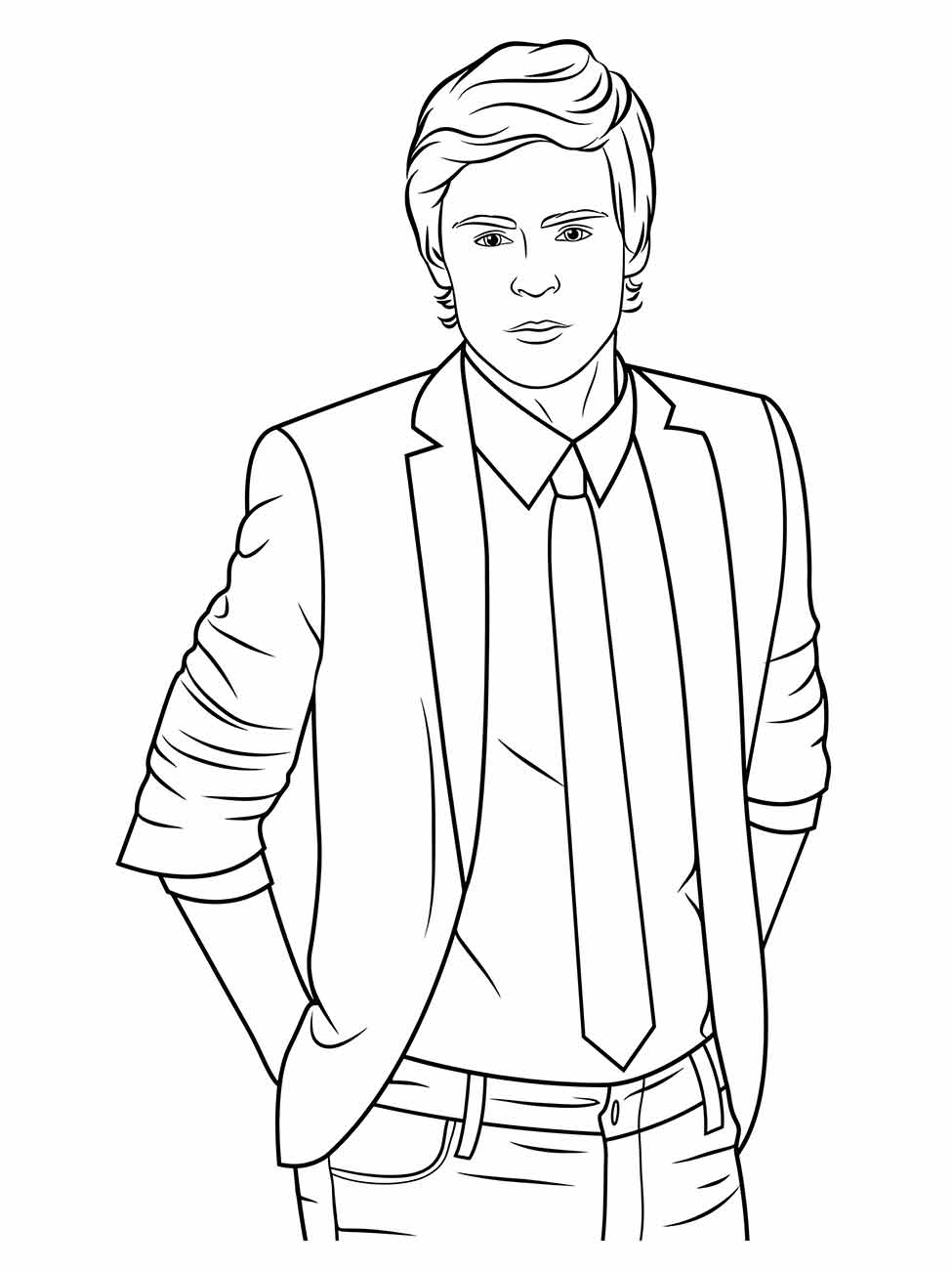 Desenho para desenhar de um homem jovem em um traje formal com blazer e gravata.