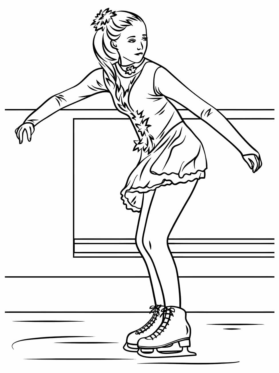 Desenho para desenhar de uma patinadora no gelo em uma pose artística, vestindo um vestido de patinação com detalhes.