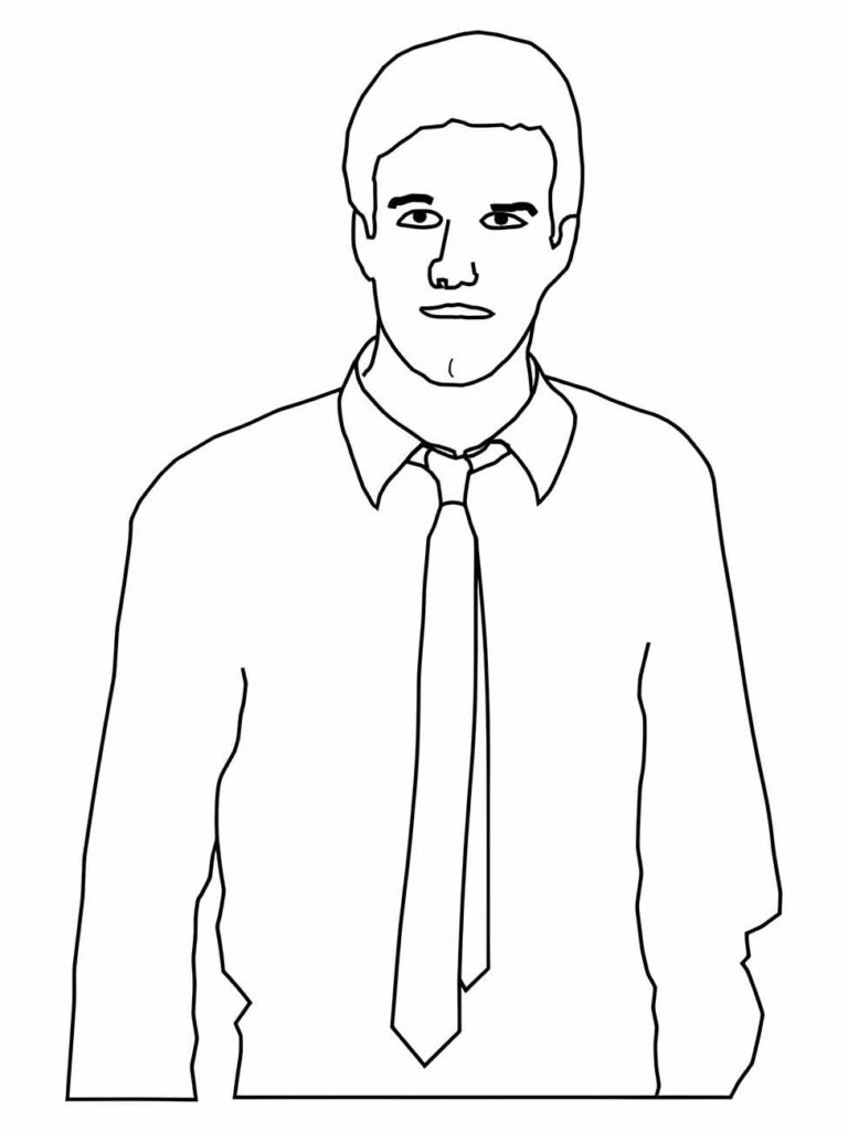 Desenho para desenhar de um homem de frente usando camisa e gravata.