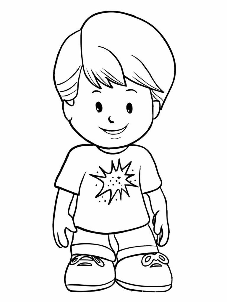 Desenho para desenhar de uma criança, com um corte de cabelo simples e uma camisa com um desenho de estrela.