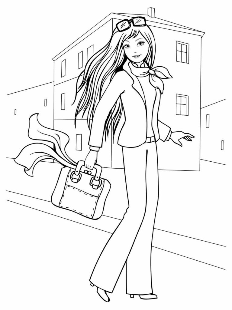 Desenho para desenhar de uma mulher elegante caminhando na calçada da cidade, com cabelos longos e carregando uma bolsa.