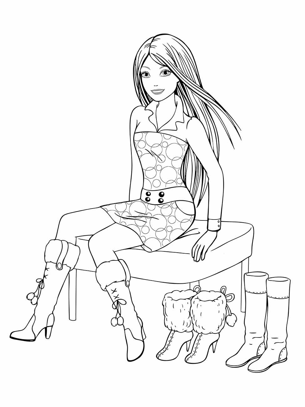 Desenho para desenhar de uma mulher jovem sentada, com um vestido estampado e diferentes botas ao seu lado.