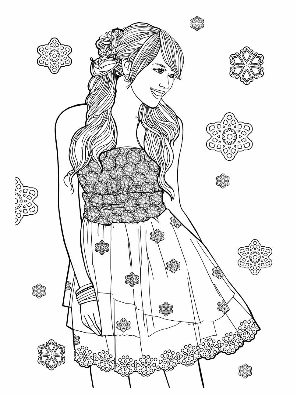 Desenho para desenhar de uma mulher sorridente em perfil, com um vestido elegante e flores de neve ao redor.