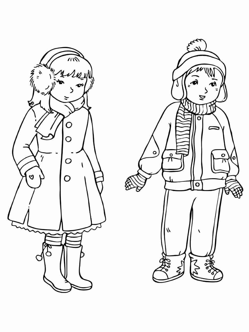 Desenho para desenhar de duas meninas em roupas de inverno, uma com um sobretudo e cachecol, a outra com jaqueta e gorro.