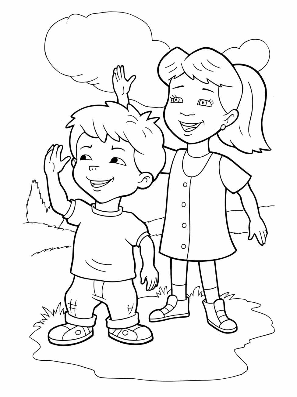 Desenho para desenhar de um menino e uma menina sorrindo e acenando, a menina com maria-chiquinhas.