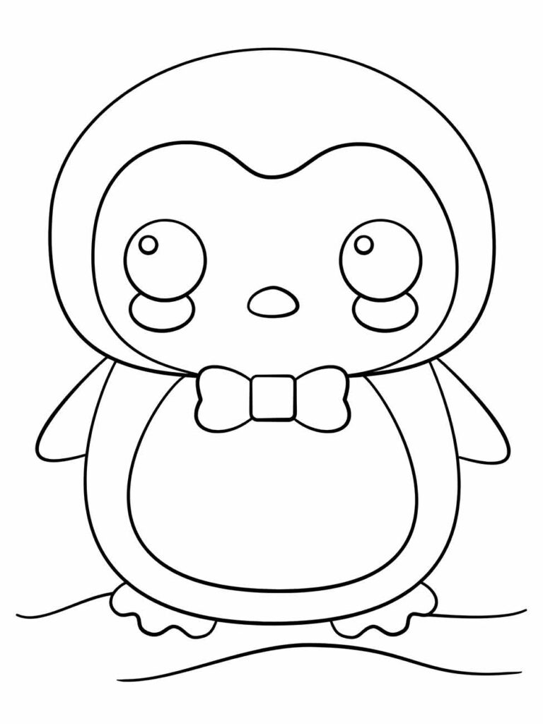 Desenho para desenhar de um pinguim kawaii com um laço, olhos grandes e expressão serena.