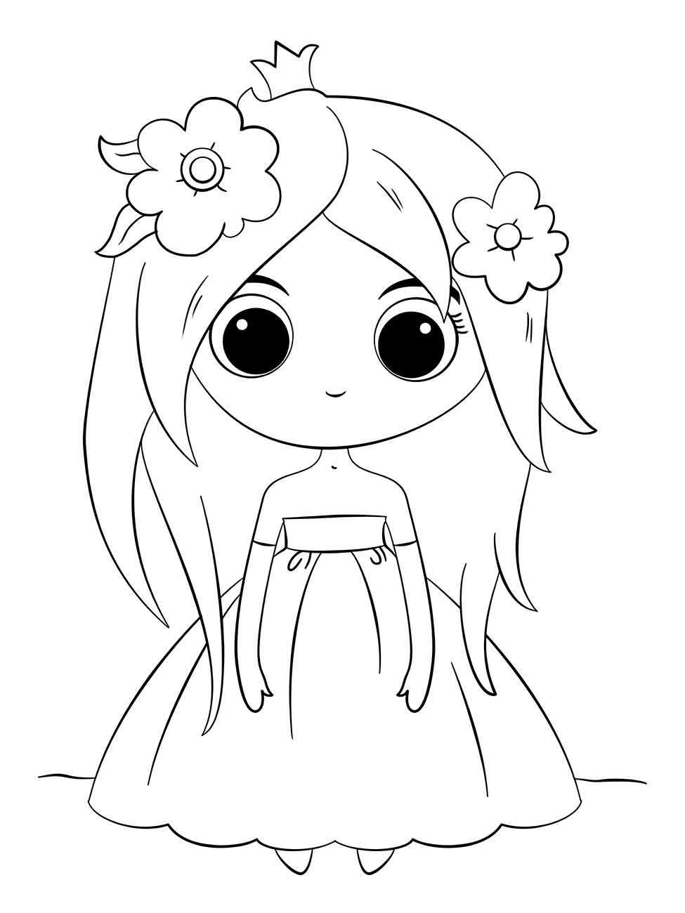 Desenho para desenhar de uma princesa kawaii com flores no cabelo e um vestido elegante