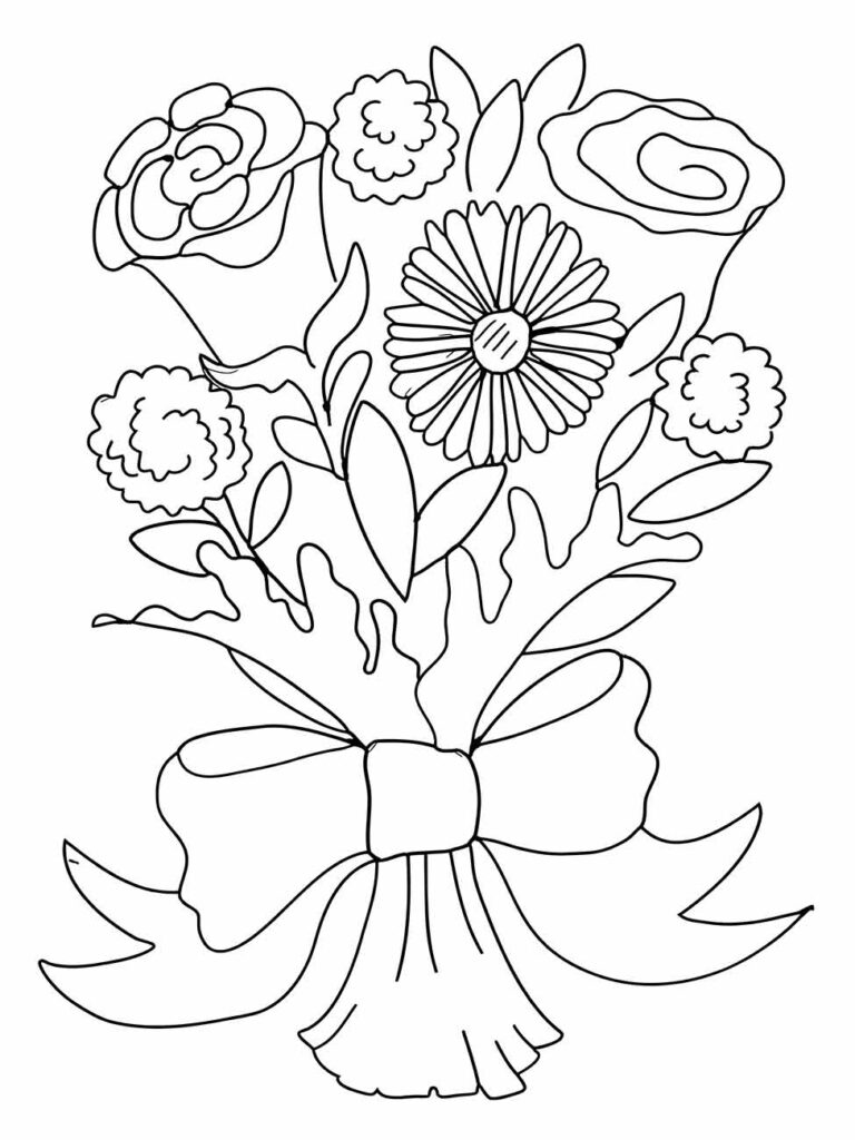 Desenho para desenhar de um ramalhete de flores variadas, incluindo uma margarida e rosas, com um laço.