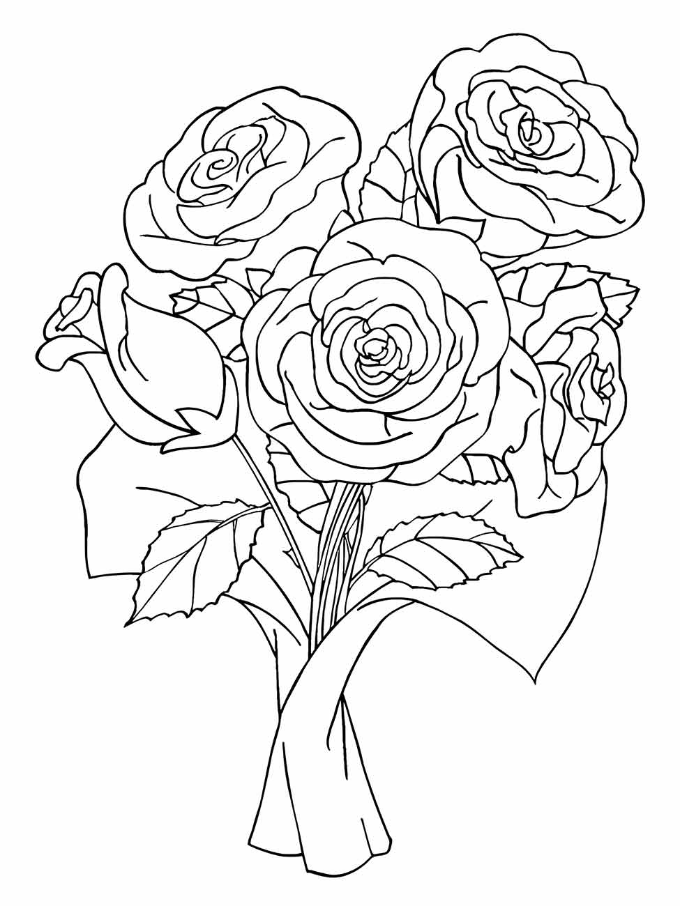 Desenho para desenhar de um buquê de rosas elegantes com detalhes em suas pétalas e folhas.