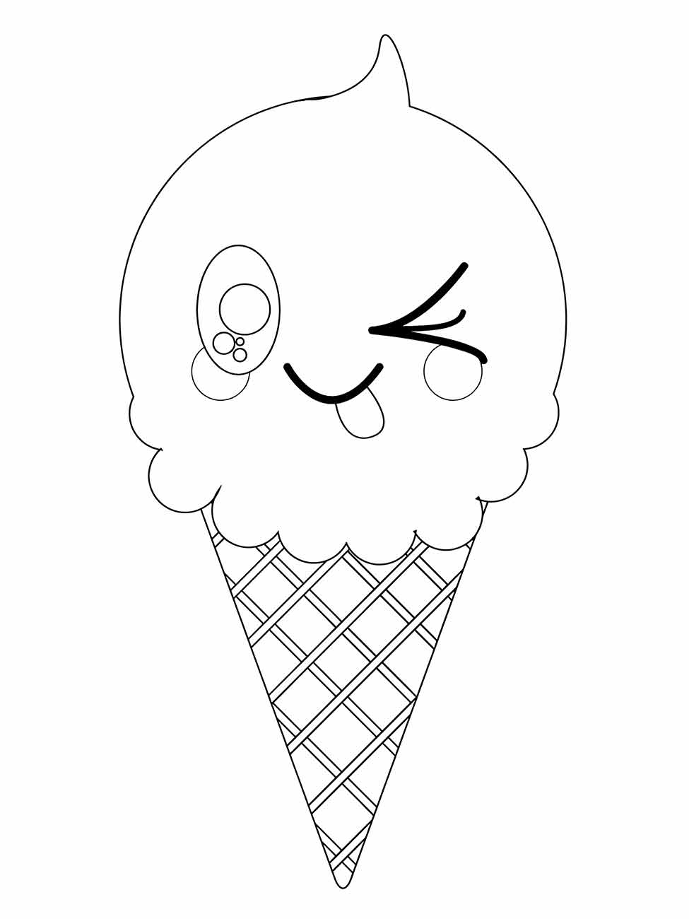 Desenho de um sorvete kawaii para desenhar com expressão feliz e um pequeno detalhe de waffle na casquinha.