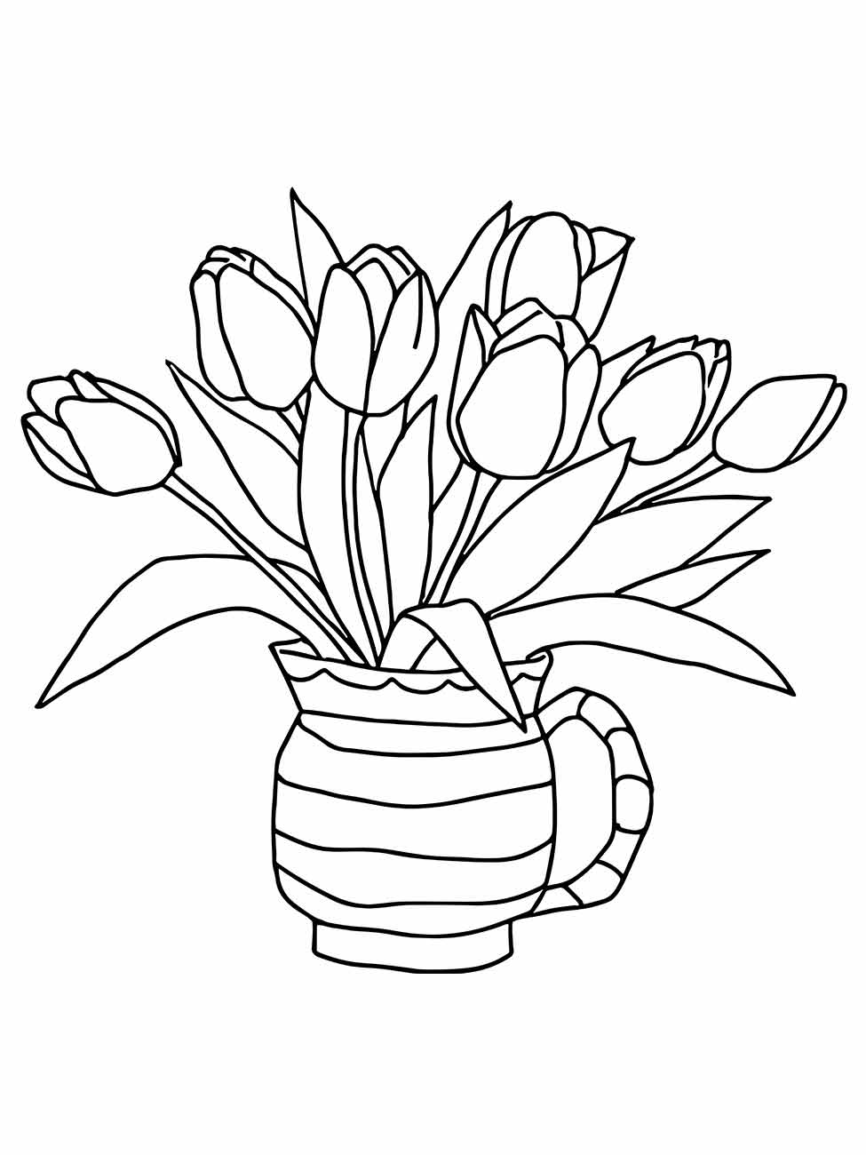 Desenho para desenhar de tulipas dispostas em um jarro listrado.