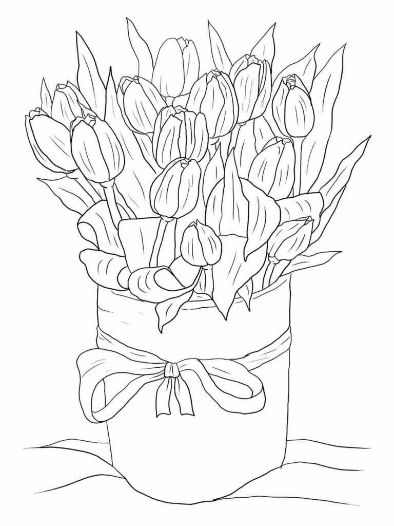 Desenho de tulipas para desenhar em um vaso amarrado com um laço, oferecendo um visual clássico e elegante.