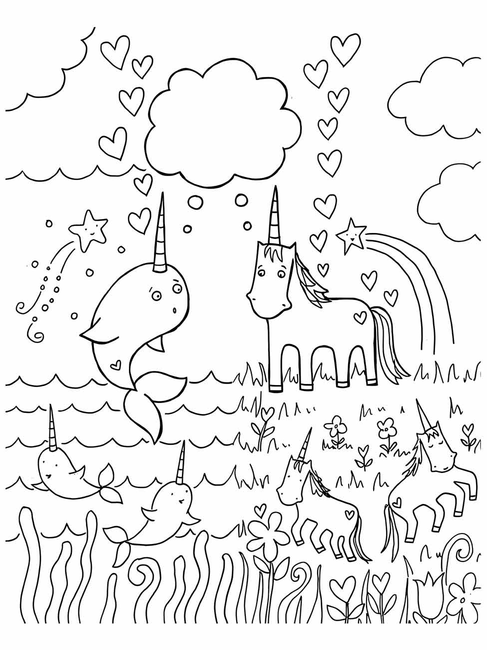 Desenho para desenhar de unicornios e um narval felizes entre nuvens e corações.