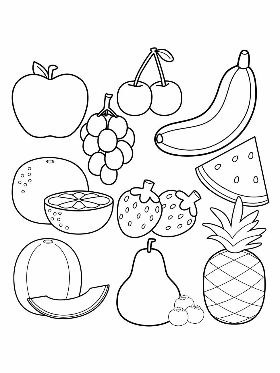 Desenho de contorno de várias frutas, incluindo maçã, cerejas e banana, ótimo para desenhar.