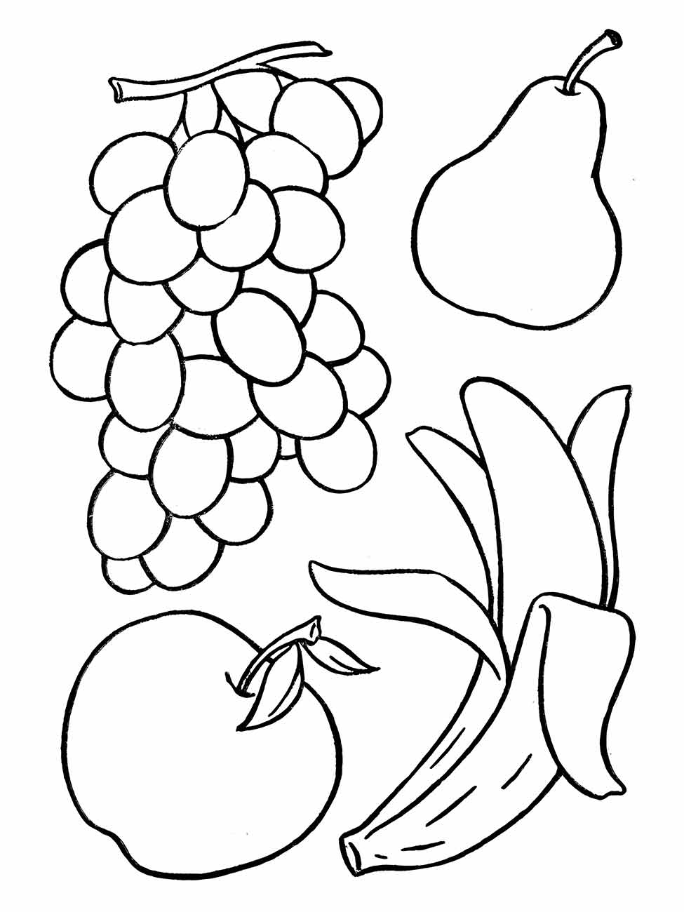 Linha de desenho incluindo uvas, pera e maçã com uma banana descascada, perfeita para desenhar.