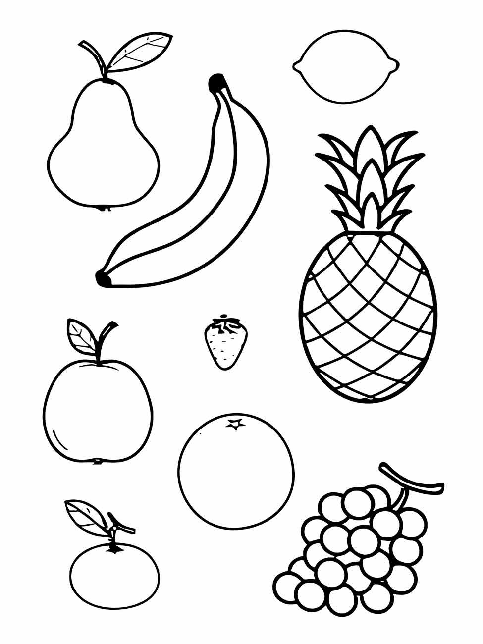 Conjunto de várias frutas, como pera e abacaxi, desenho para desenhar.