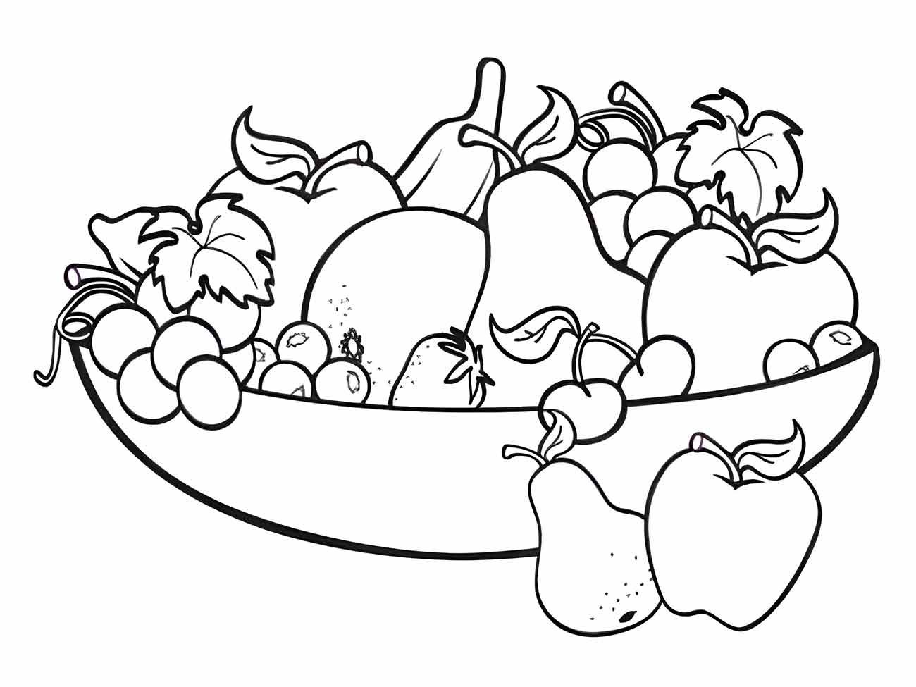 Desenho para desenhar de uma cesta de frutas com maçãs, uvas, morangos e outras frutas.