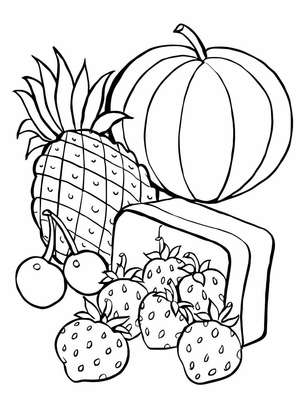 Desenho de contorno apresentando uma variedade de frutas, ideal para desenhar.