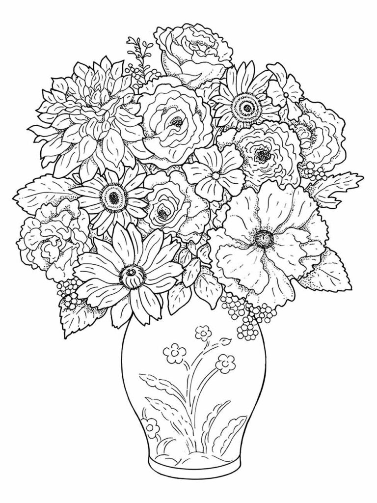 Desenho para desenhar de um vaso cheio de flores sortidas com destaque para rosas e margaridas.