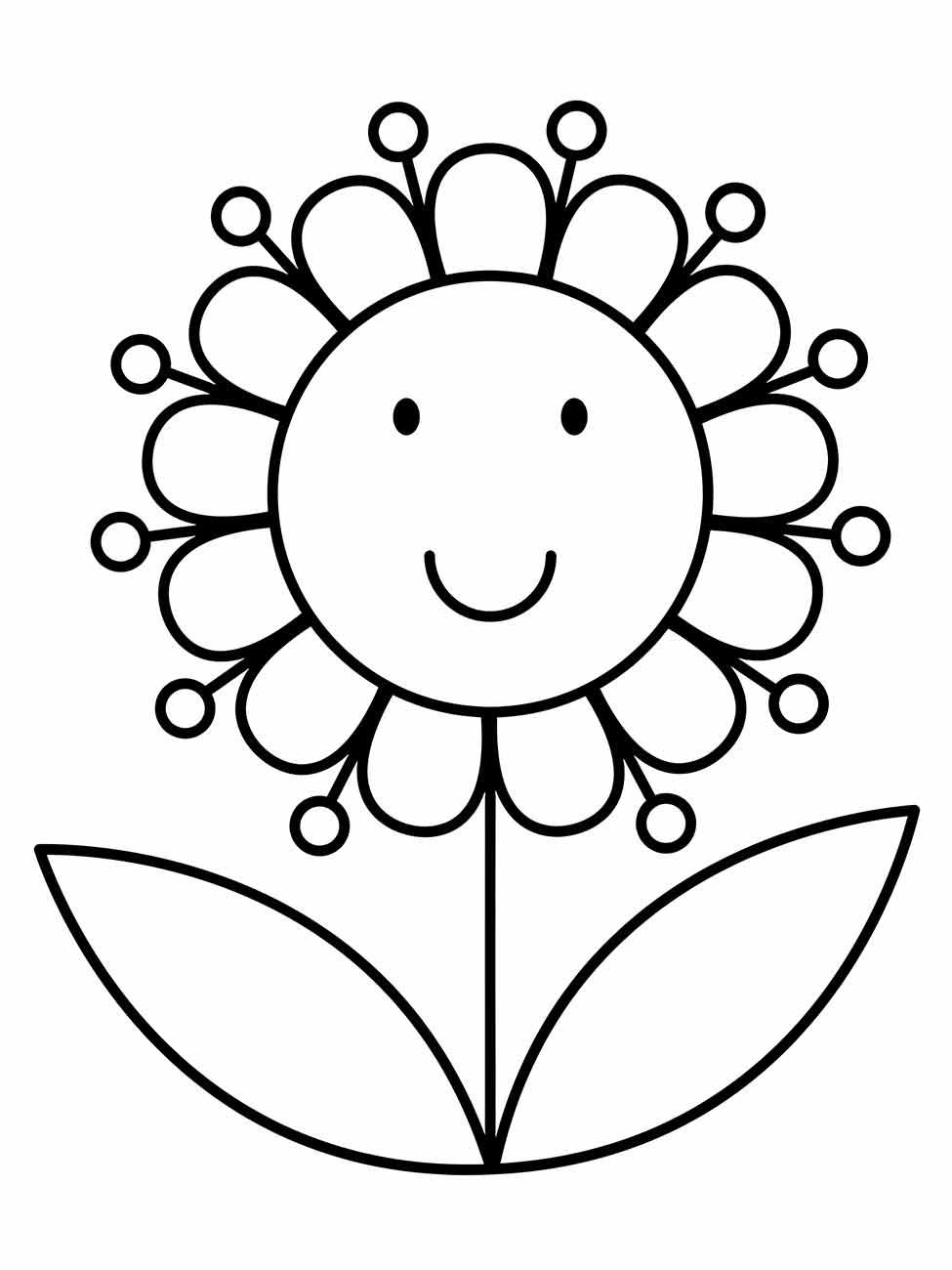 Desenho animado de uma flor sorridente com pétalas em forma de círculos e detalhes parecidos com olhos, cercada por duas folhas.