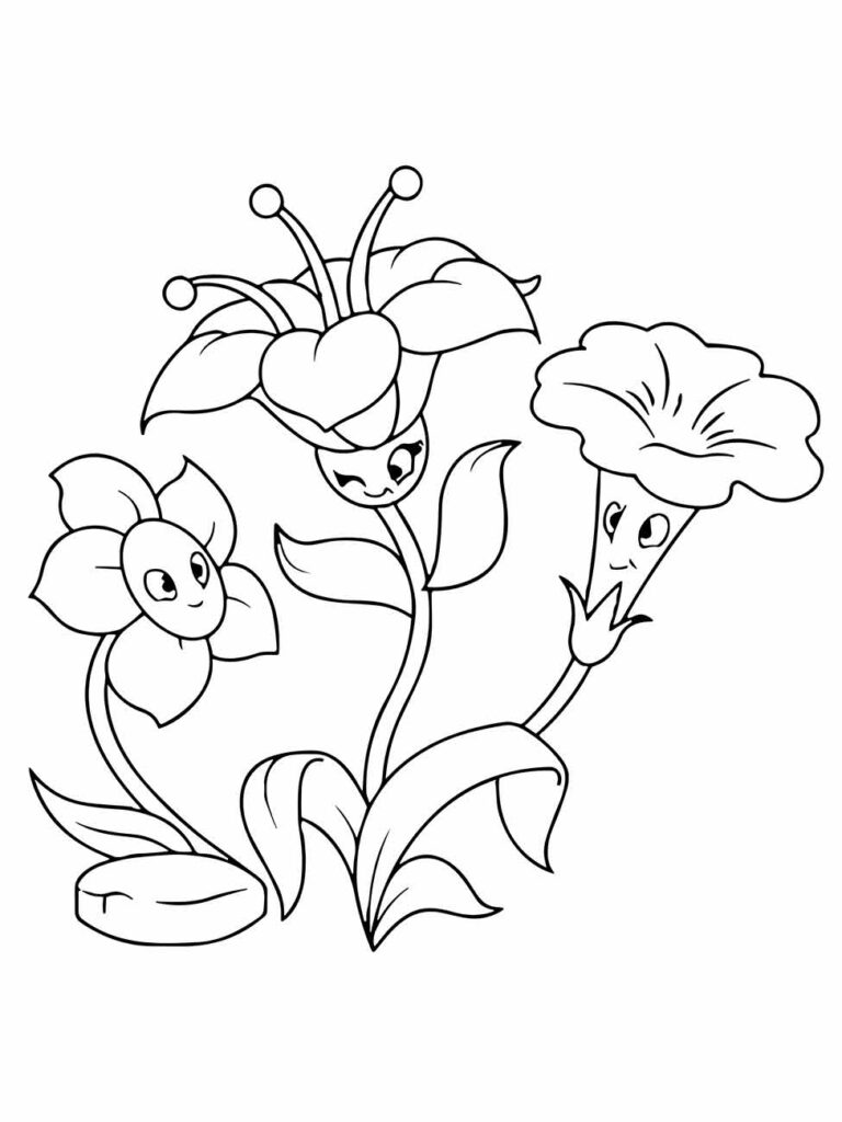 Desenho animado de flores sorridentes para desenhar