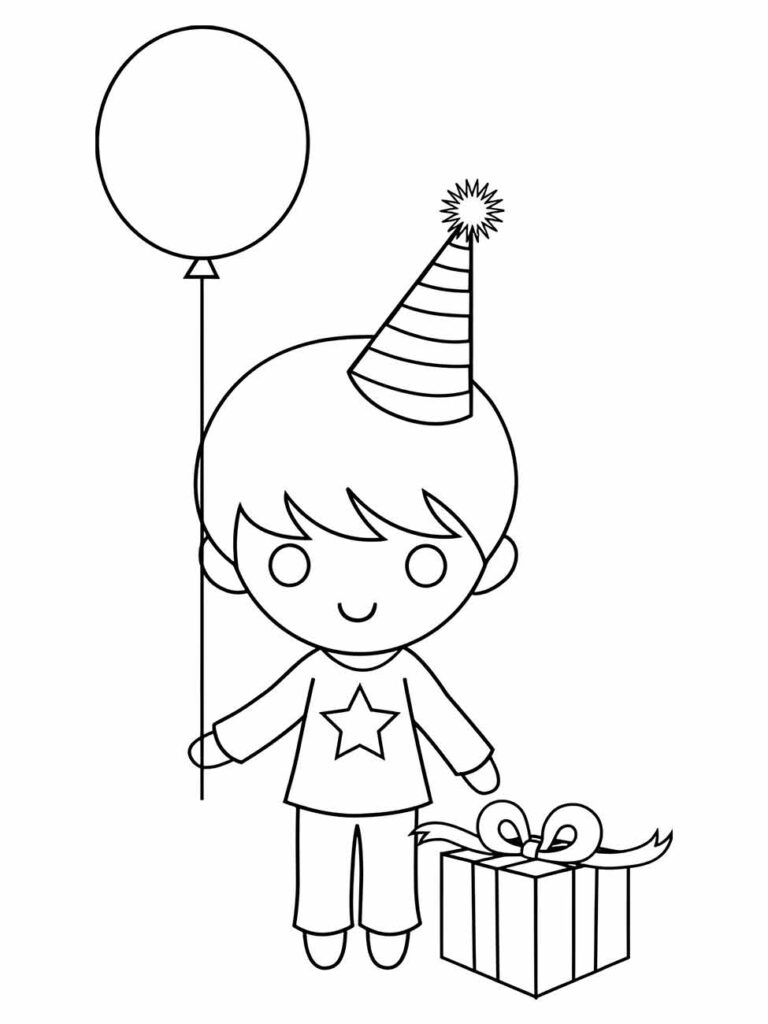 Desenho para desenhar de uma criança com chapéu de festa segurando um balão e um presente.