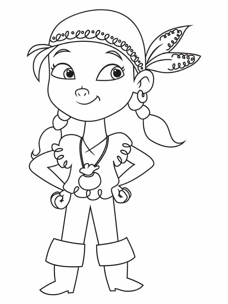 Desenho para desenhar de uma menina com lenço na cabeça e traje de pirata.