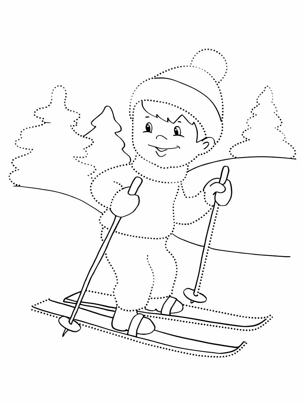 Desenho para desenhar de um menino esquiando com equipamento completo e touca de inverno.