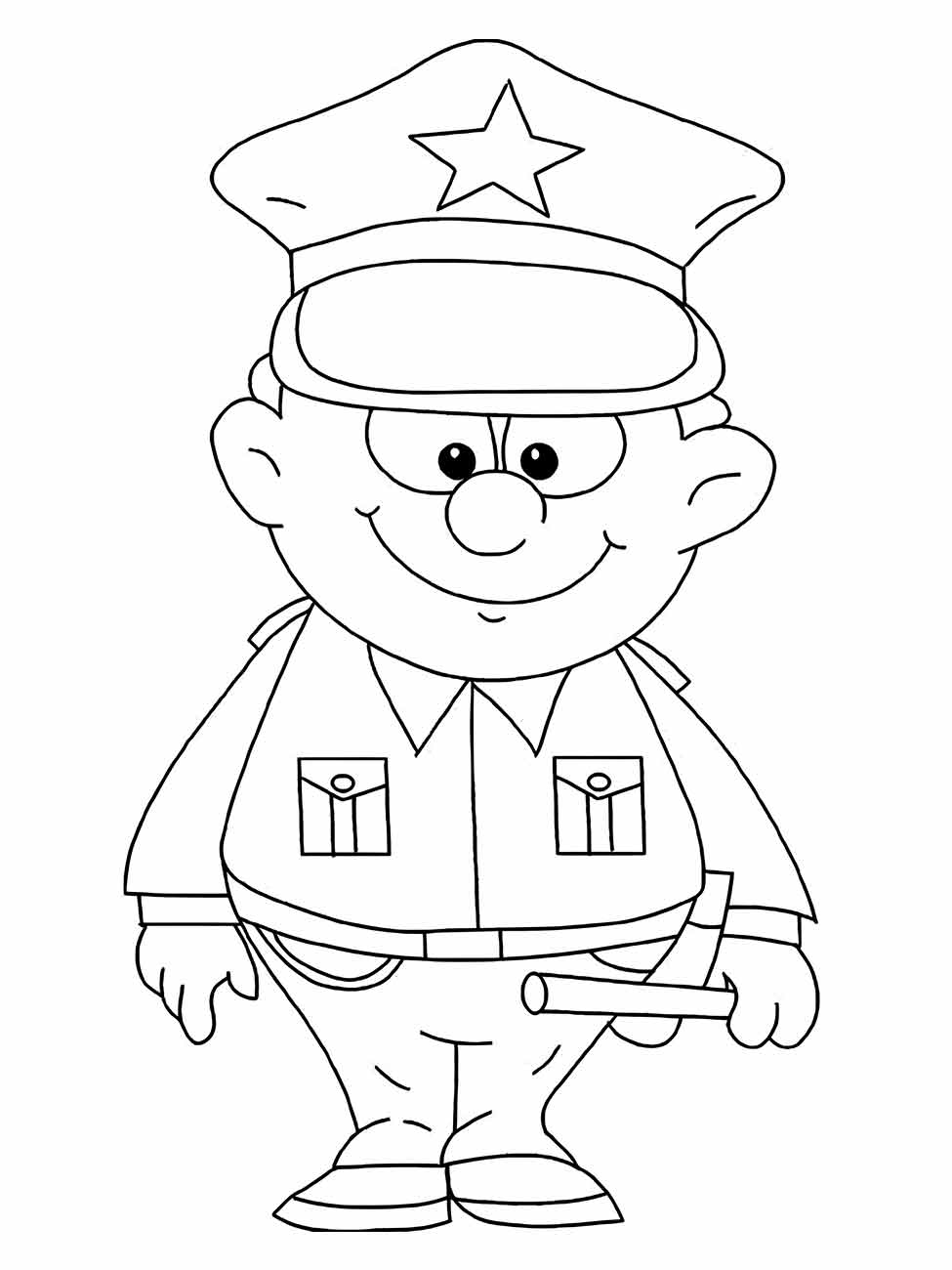 Desenho para desenhar de um menino com uniforme de policial e um cassetete.