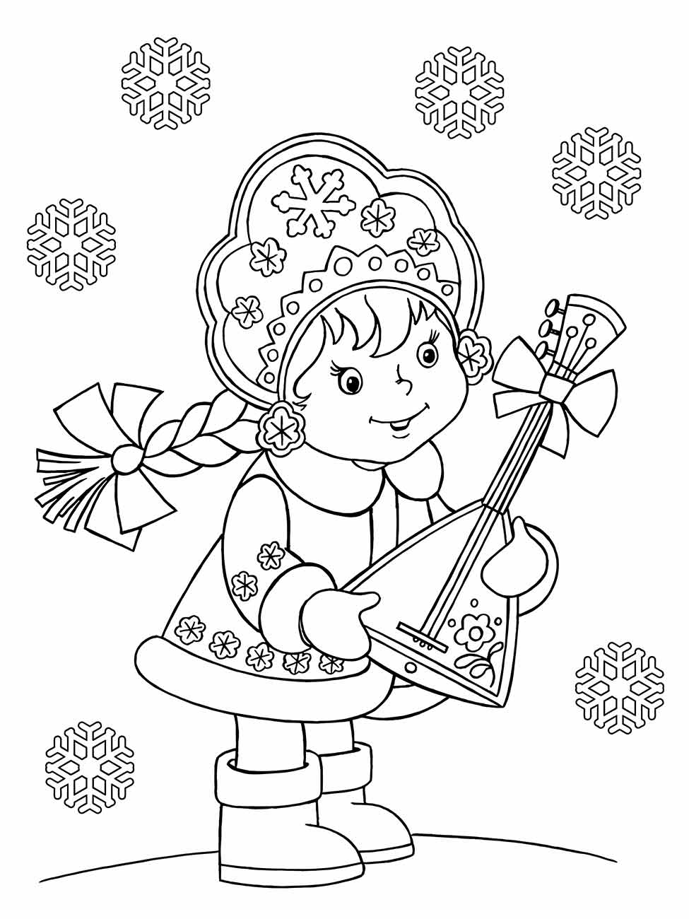 Desenho para desenhar de uma menina com roupas de inverno tocando balalaica entre flocos de neve.