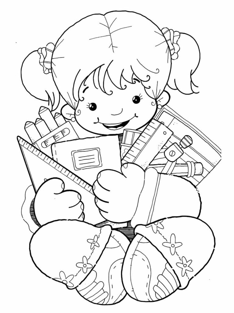 Desenho para desenhar de uma menina com maria-chiquinhas segurando livros.