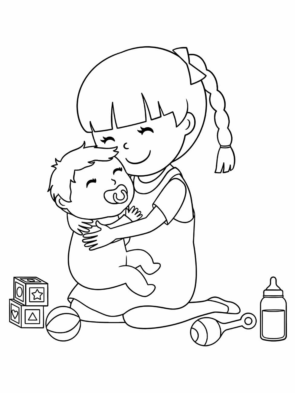 Desenho para desenhar de uma menina abraçando um bebê com brinquedos ao redor.