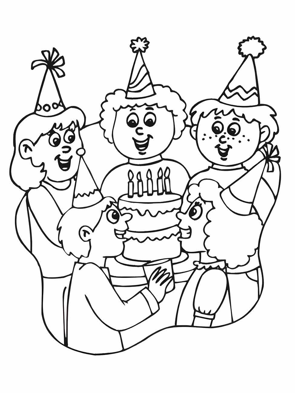 Desenho para desenhar de várias crianças celebrando ao redor de um bolo de aniversário com velas.