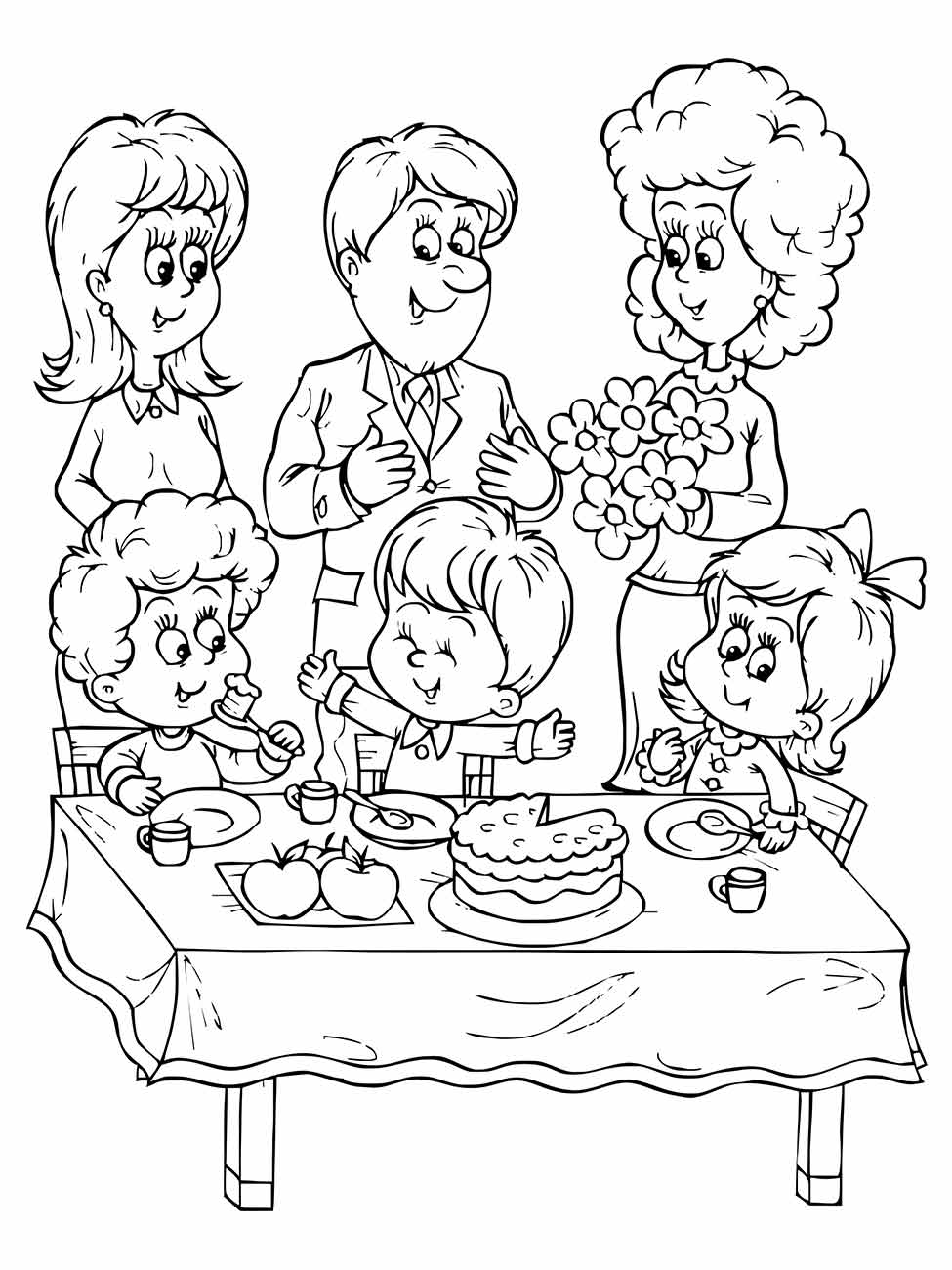 Desenho para desenhar de uma família celebrando, com crianças comendo bolo e uma mulher segurando flores.