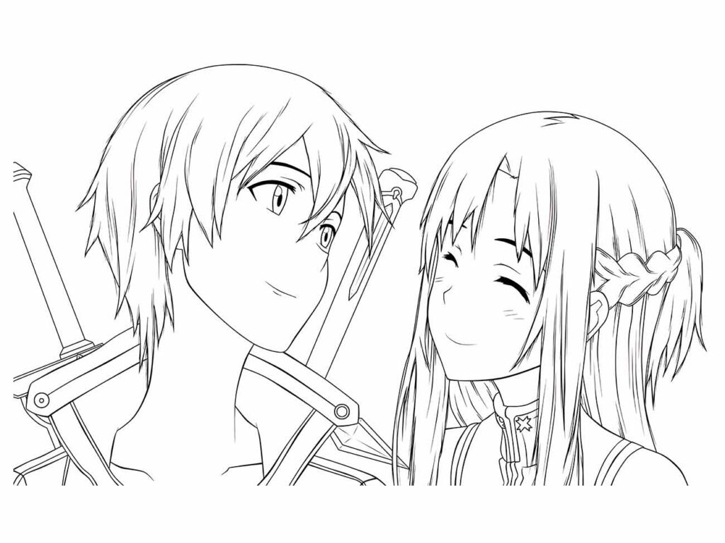 Desenho para desenhar de Kirito e Asuna da série "Sword Art Online".