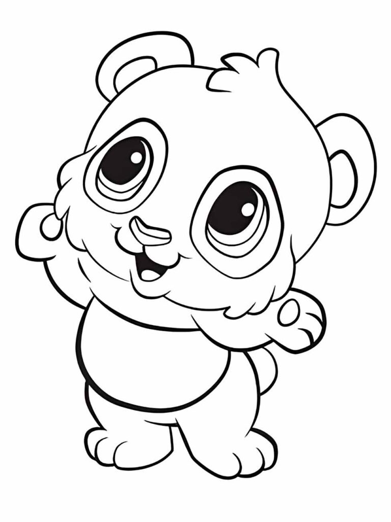 Desenho para desenhar de um panda estilizado kawaii, sorridente e acenando.