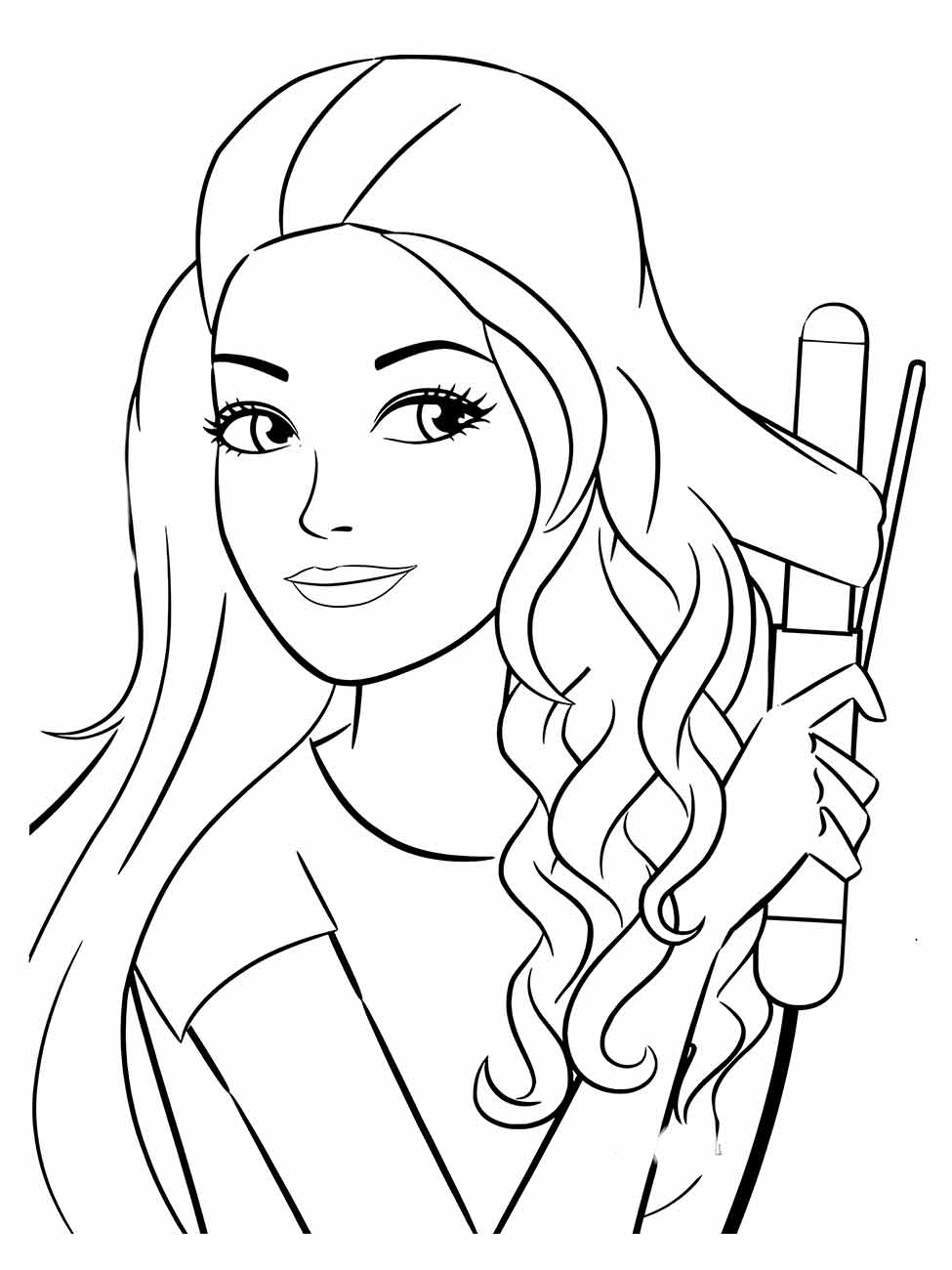 Desenho para desenhar e imprimir de uma mulher com cabelo ondulado.